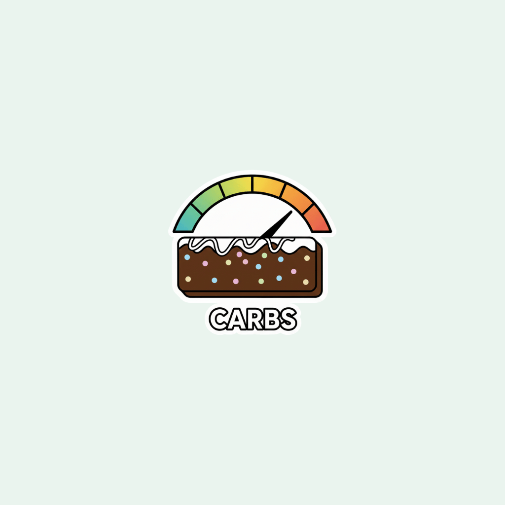 Colorful icon of a cake with a rainbow on a light blue background, labeled 'CARBS'.