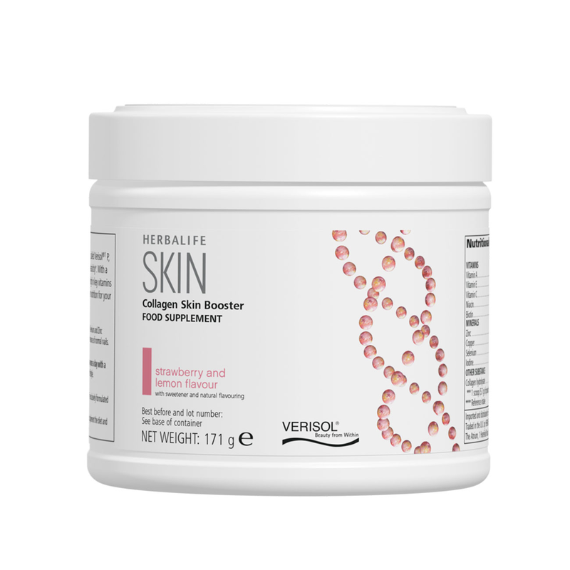 Herbalife Skin Collagen Skin Booster supplement jar on a white background