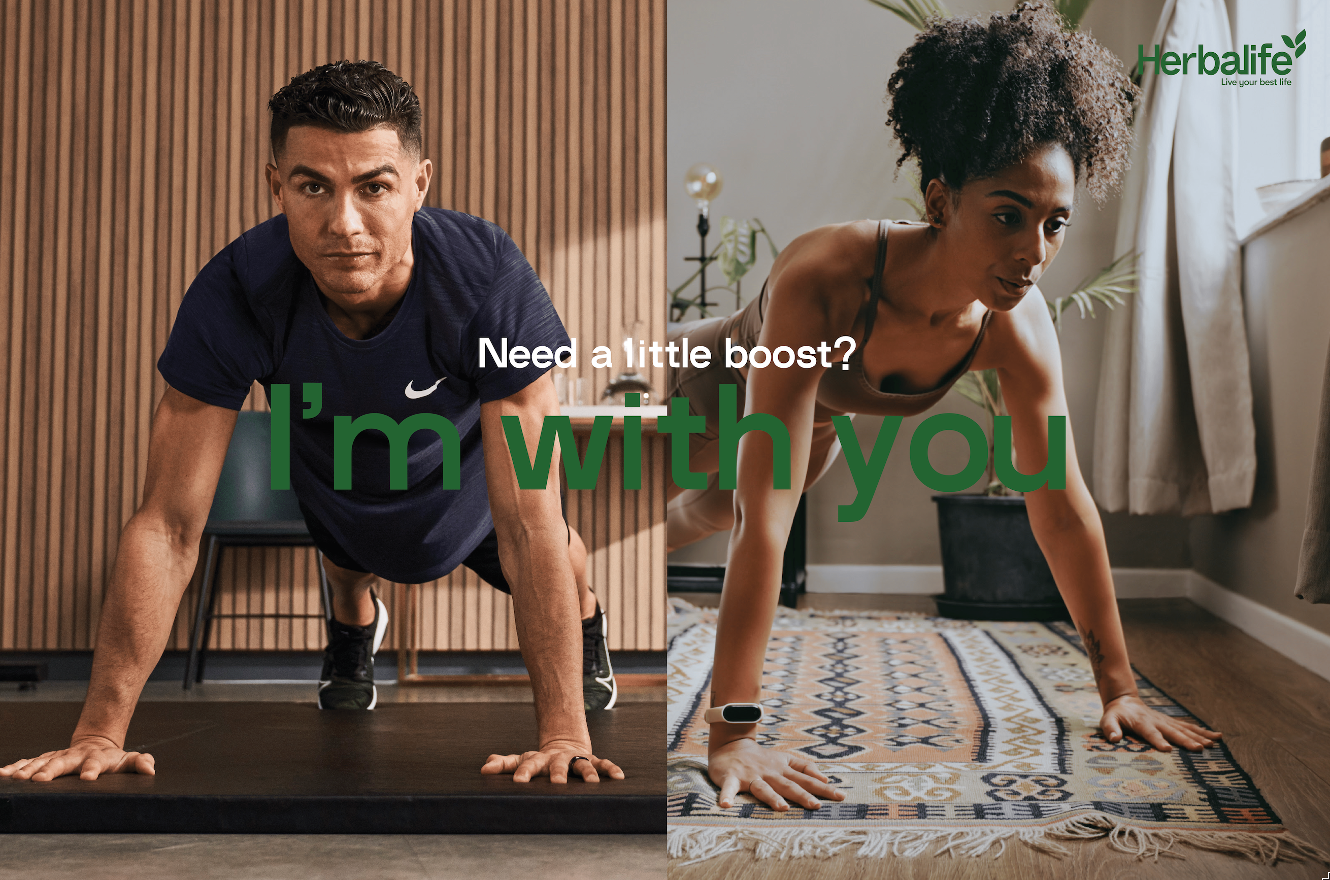Two people in push-up positions with promotional text and Herbalife logo.