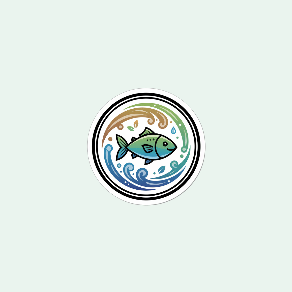 Circular sticker with a fish design on a light gray background