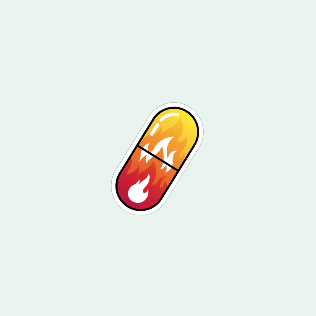 Flame-themed pill-shaped sticker on a light gray background