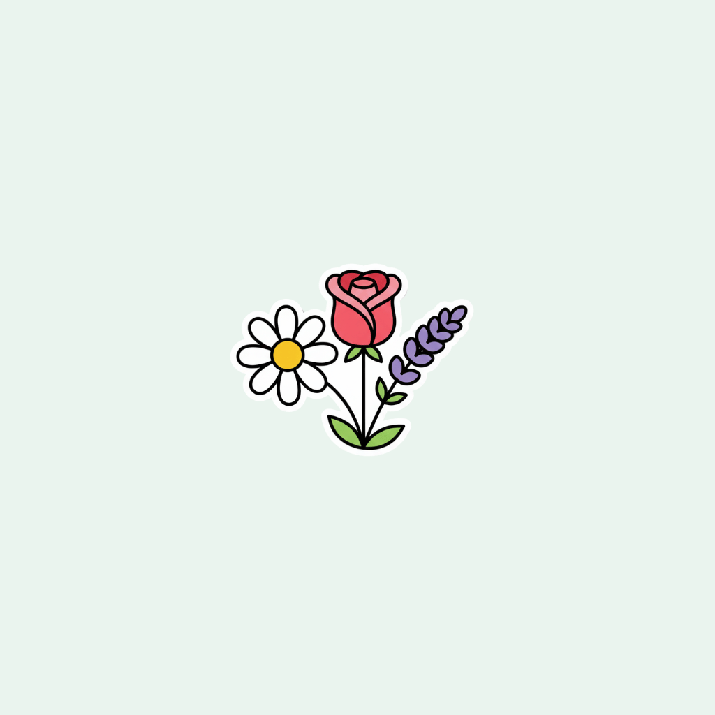 Illustration of a red rose, white daisy with yellow center, and purple lavender on a light gray background