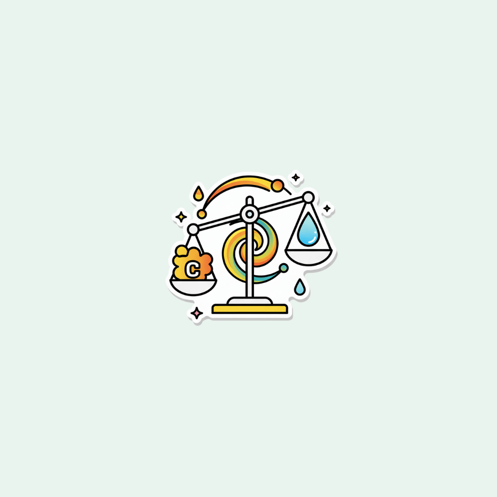 Colorful icon of a balance scale with a coin on one side and water droplet on the other, on a light gray background.