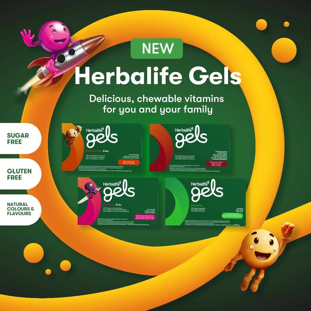 Advertisement for Herbalife Gels with cartoon characters and product packaging on a green background