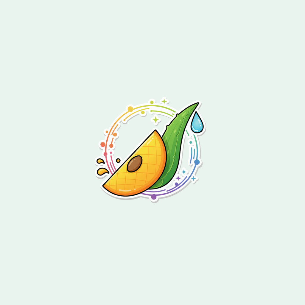 Colorful illustration of a sliced mango with a leaf on a light gray background