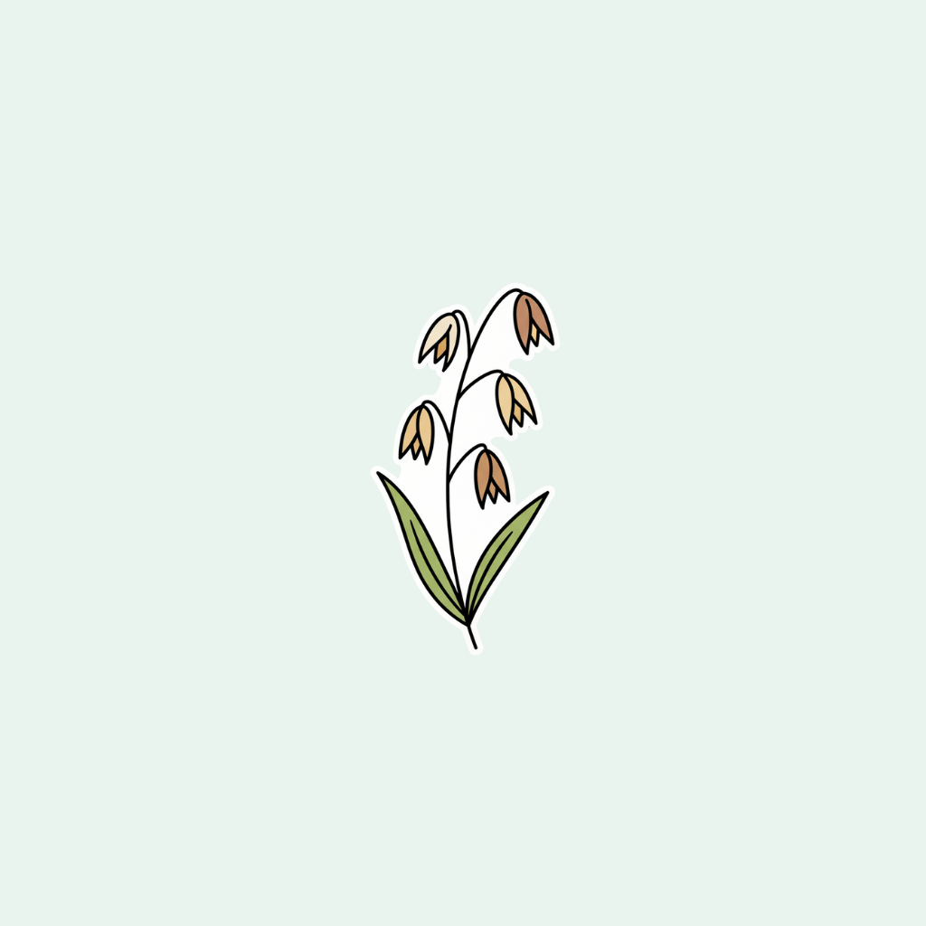 Simple line drawing of a flower with green leaves on a light gray background