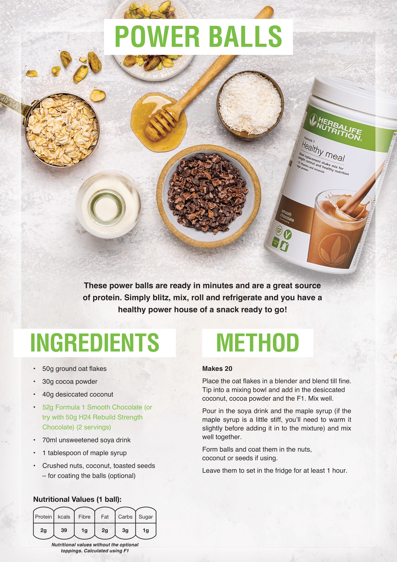 Power ball recipe card with ingredients and preparation method on a white background