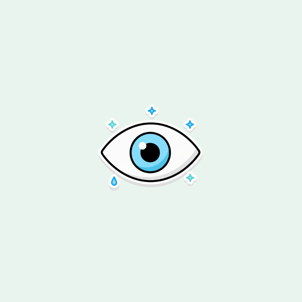 Illustration of a stylized eye with blue center and white outline on a light gray background