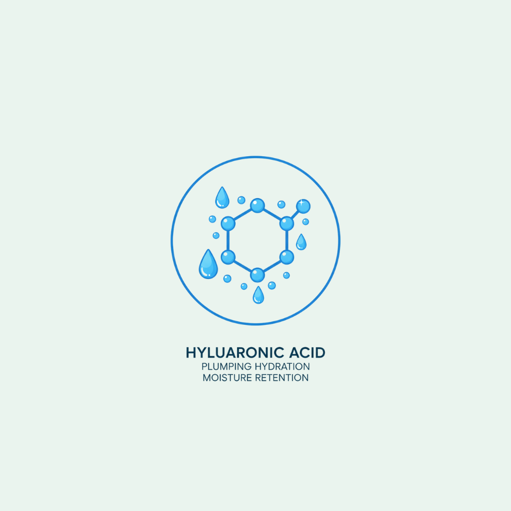 Hyaluronic acid molecule illustration with text on a light blue background