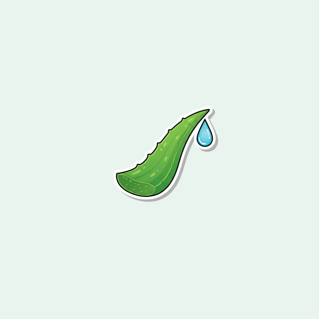 Illustration of a green aloe vera leaf with a blue droplet on a light gray background