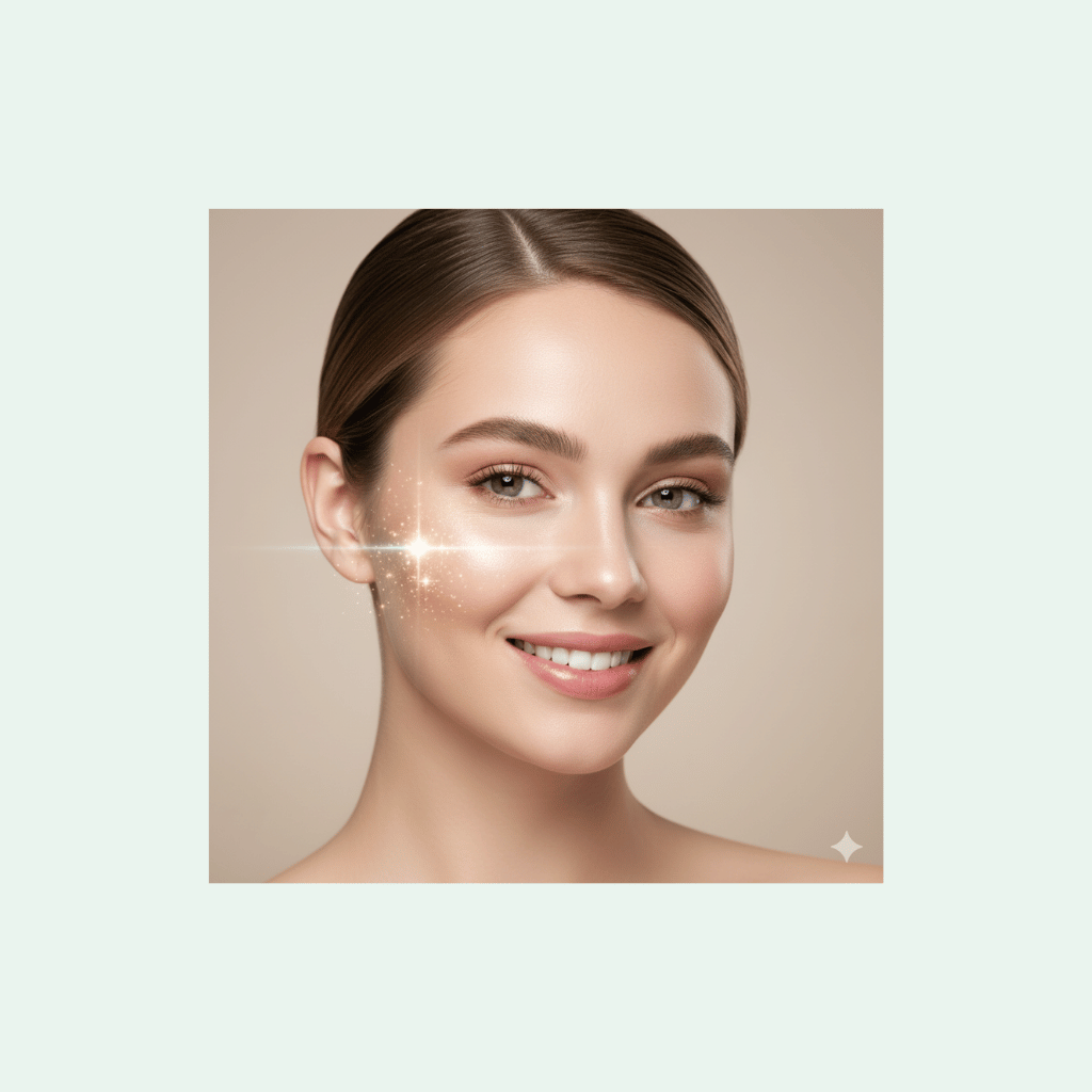 Woman's face with a close-up of her skin on a beige background