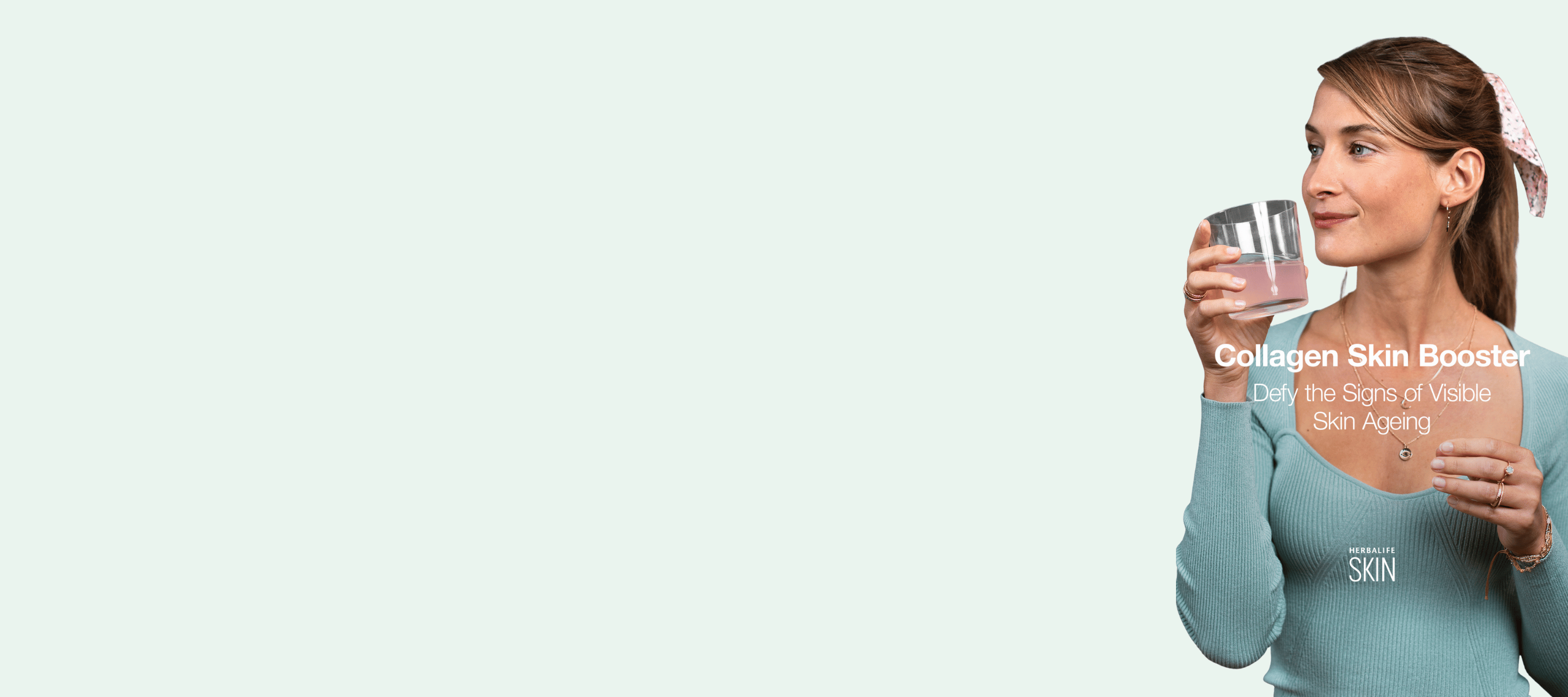 Woman holding a glass of water with 'Collagen Skin Booster' text on a light gray background