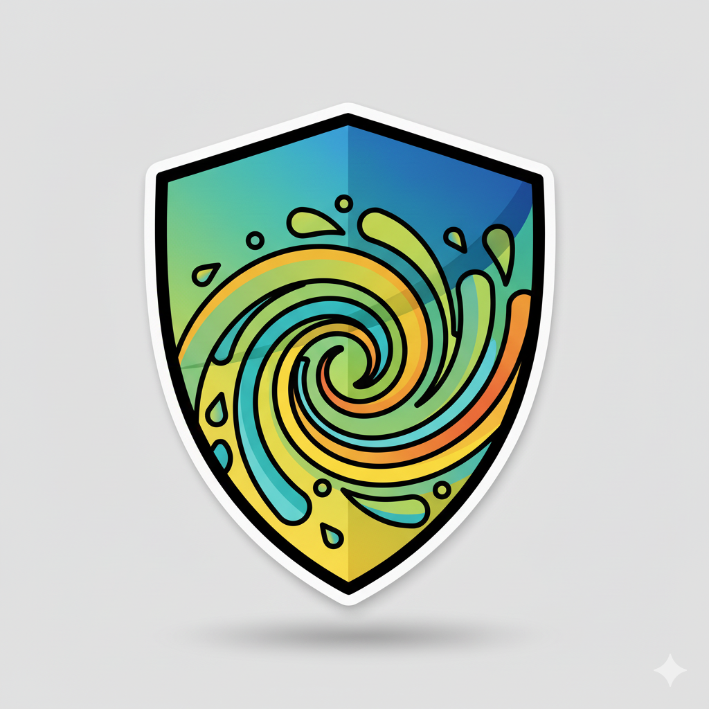 Colorful spiral design on a shield-shaped sticker with a gray background