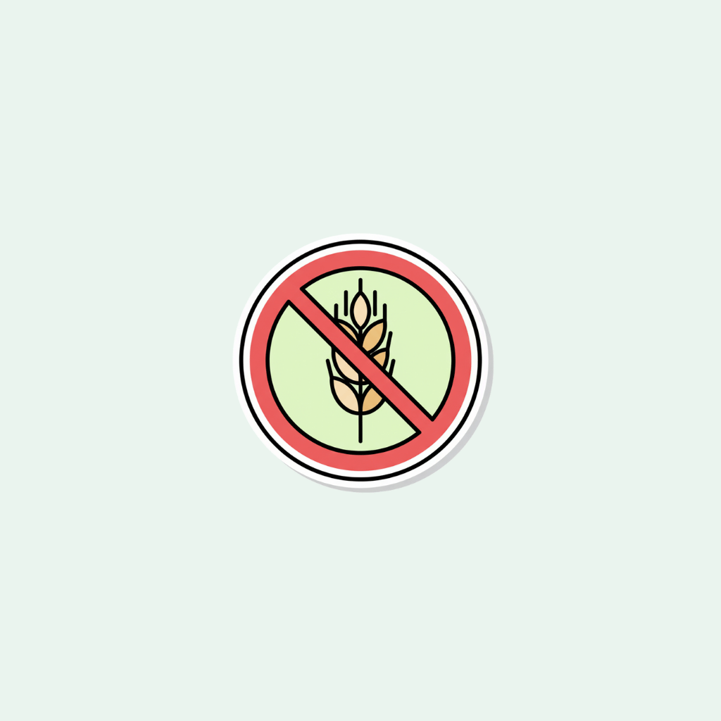 Allergen warning symbol with a red circle and slash over a wheat icon on a light gray background