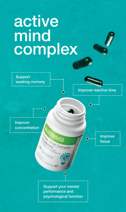Advertisement for 'active mind complex' with a bottle and capsules on a teal background