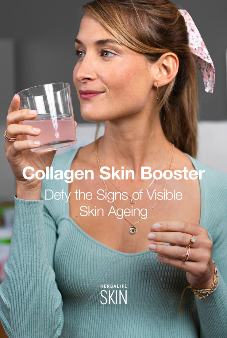 Woman holding a glass of pink liquid with text about Collagen Skin Booster.