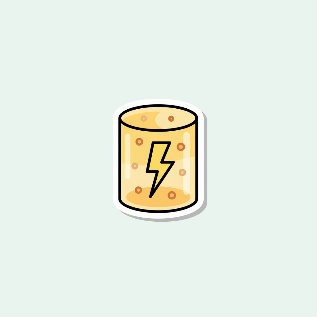 Sticker with a cylindrical container and lightning bolt symbol on a light gray background