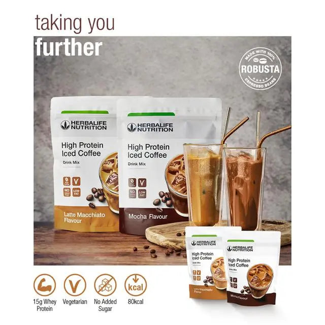 Herbalife Nutrition High Protein Iced Coffee packages with glasses of coffee on a wooden surface.