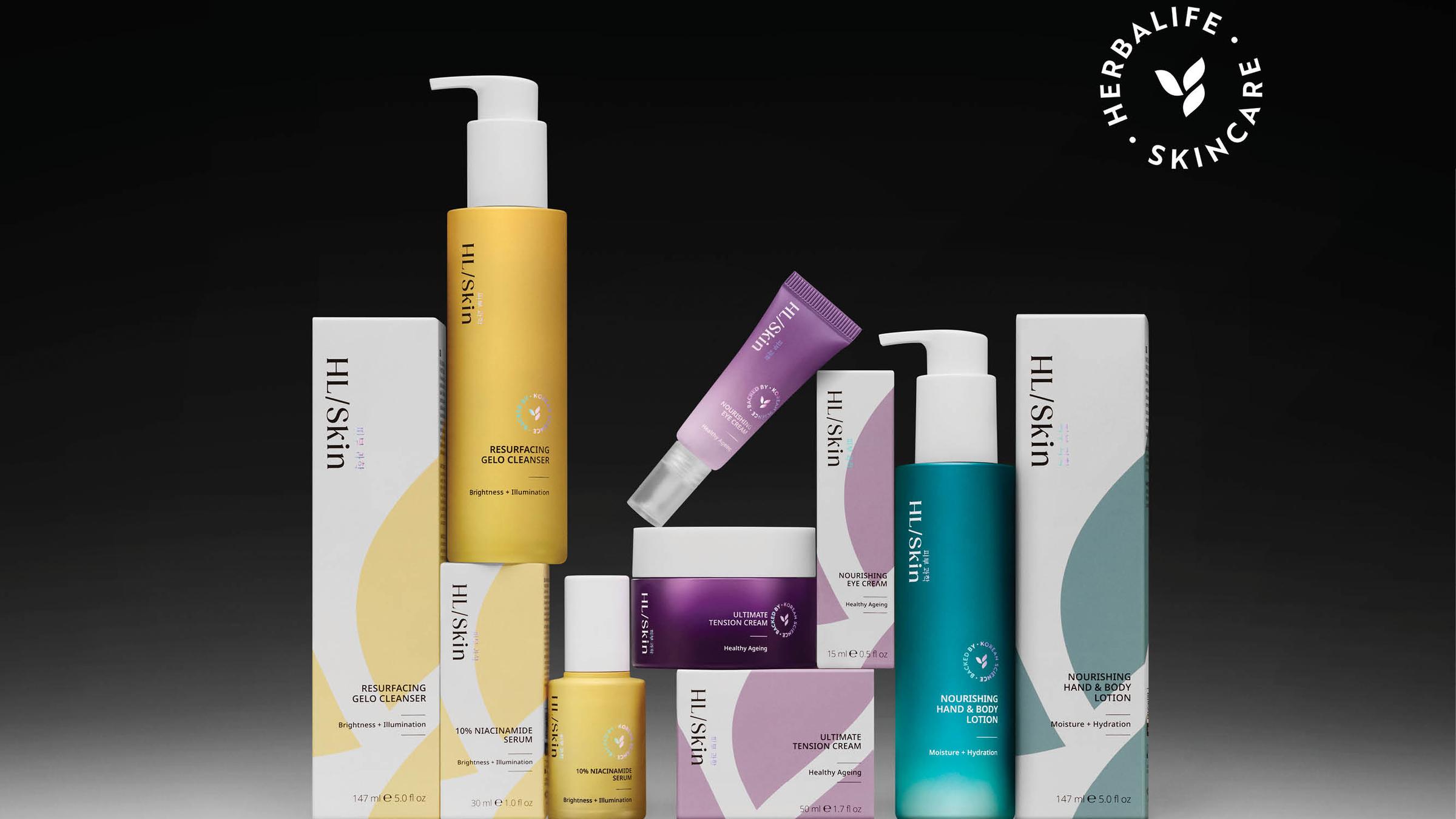 Herbalife skincare products on a gradient background