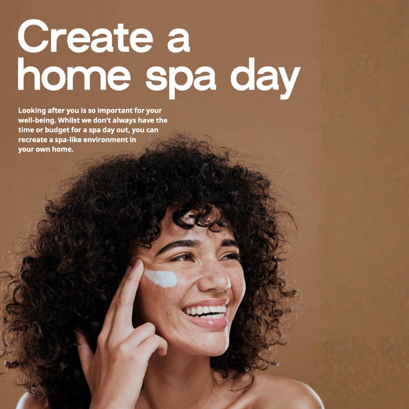 Woman applying cream to her face with text about creating a home spa day on a brown background
