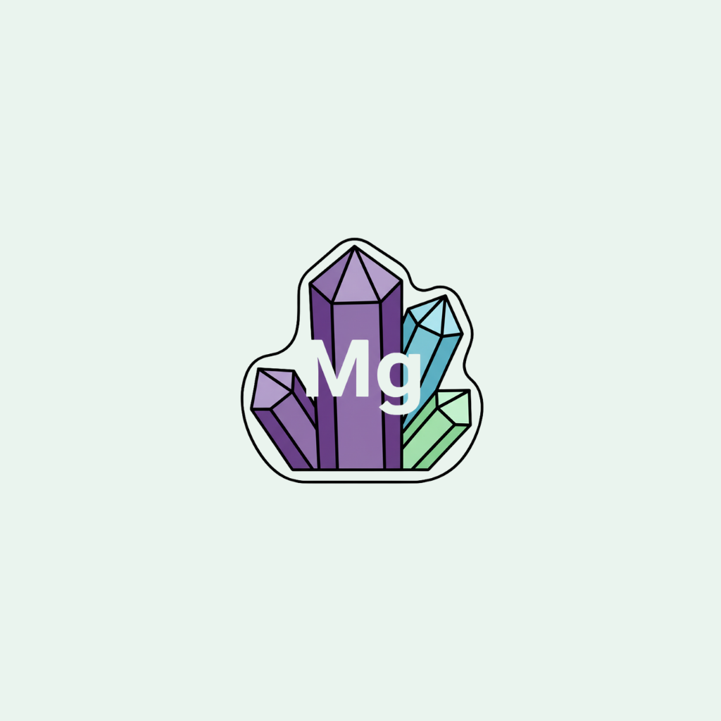 Sticker with purple and green crystals and 'Mg' on a light purple background