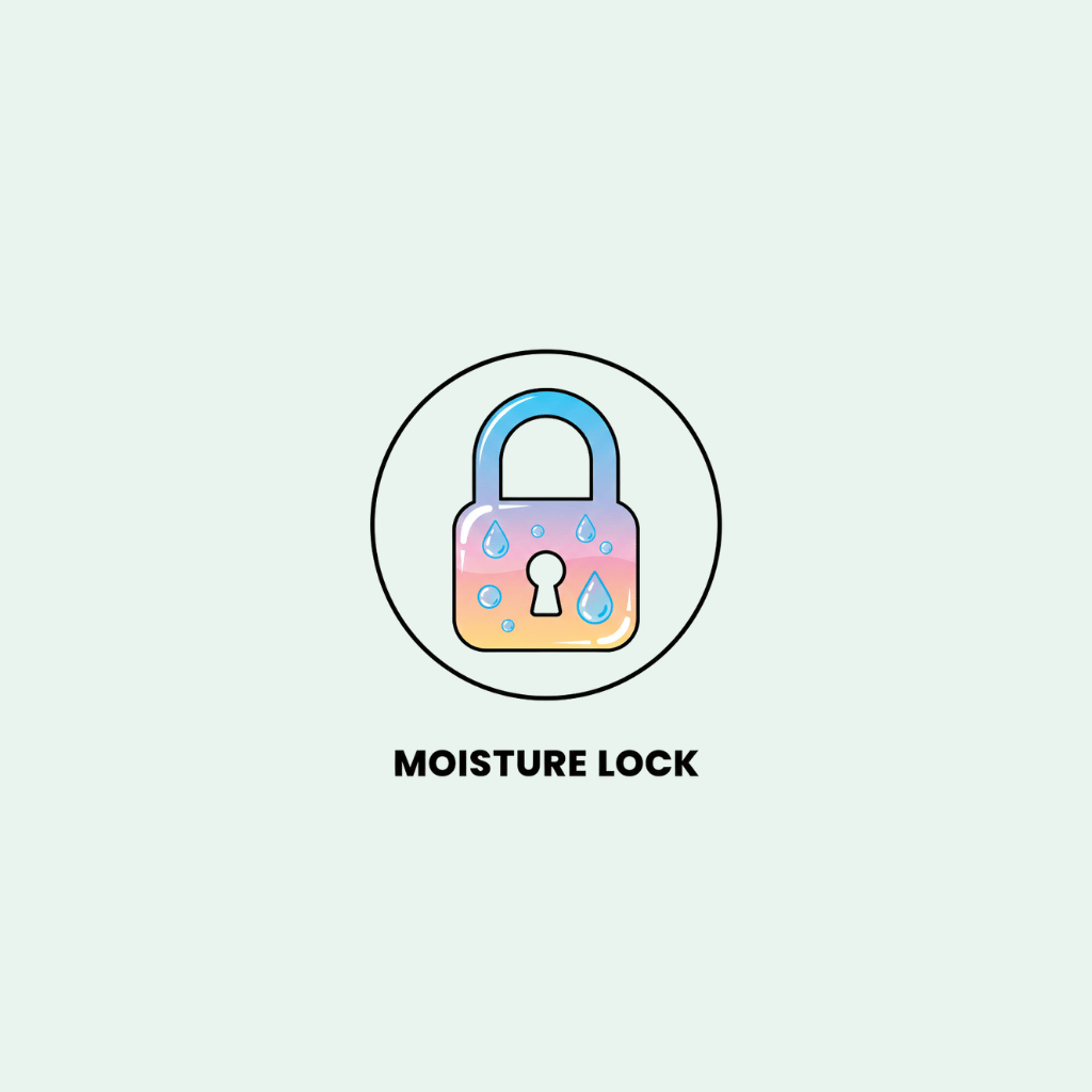 Gradient lock icon with 'Moisture Lock' text on a light gray background