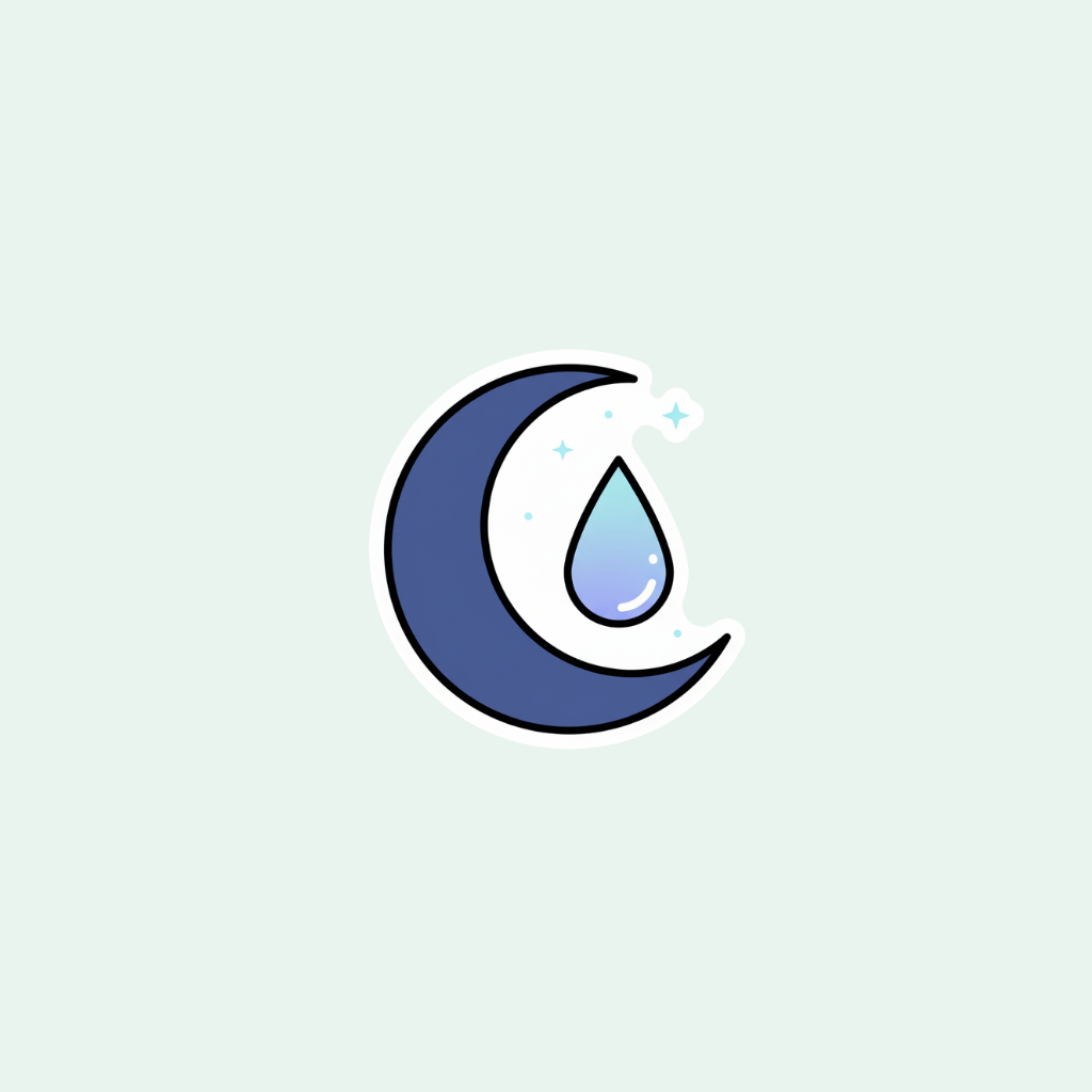 Sticker design of a crescent moon with a water droplet on a light gray background