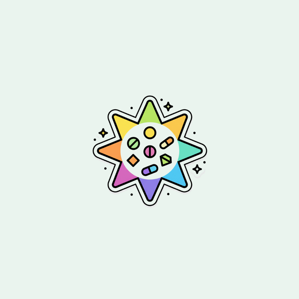 Colorful star-shaped logo includes vitamin illustrations with a white center on a light gray background