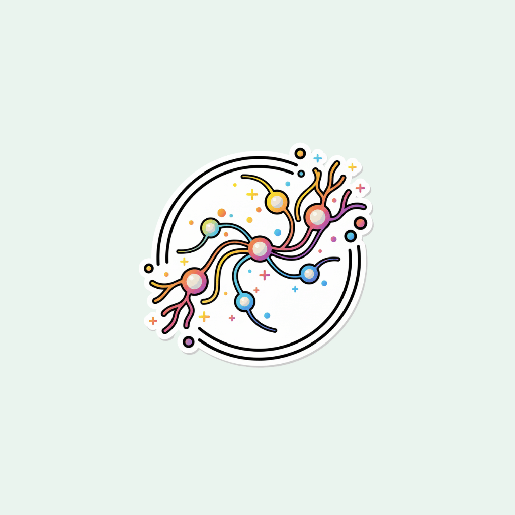 Colorful illustration of a neuron on a light gray background
