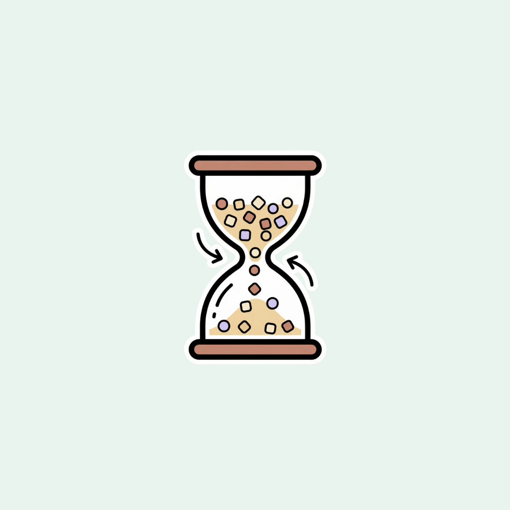 Illustration of an hourglass with sand running out on a light gray background