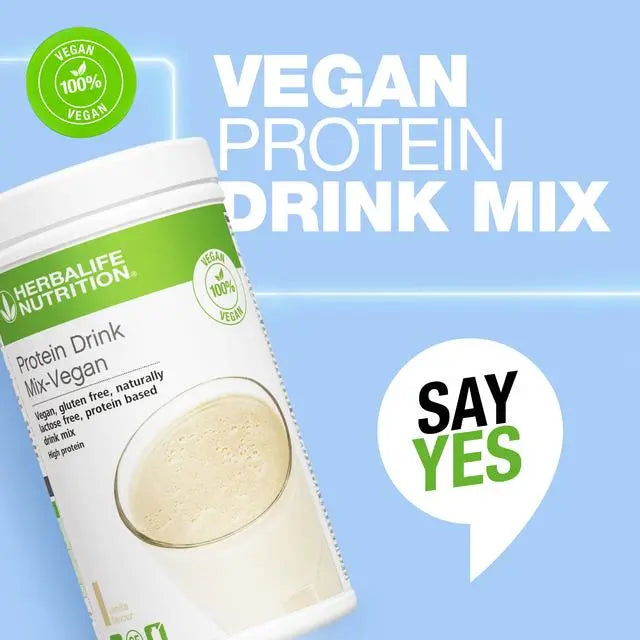 Herbalife Nutrition Vegan Protein Drink Mix container with a blue background and 'Say Yes' speech bubble.
