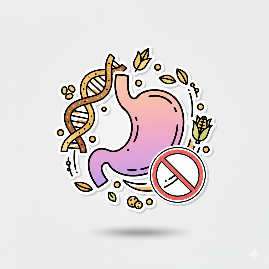 Illustration of a stomach with DNA strands and a no-smoking symbol on a light gray background