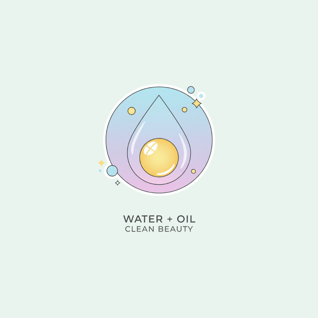 Logo with water droplet and oil droplet icon on a light blue background, featuring the text 'Water + Oil Clean Beauty'.